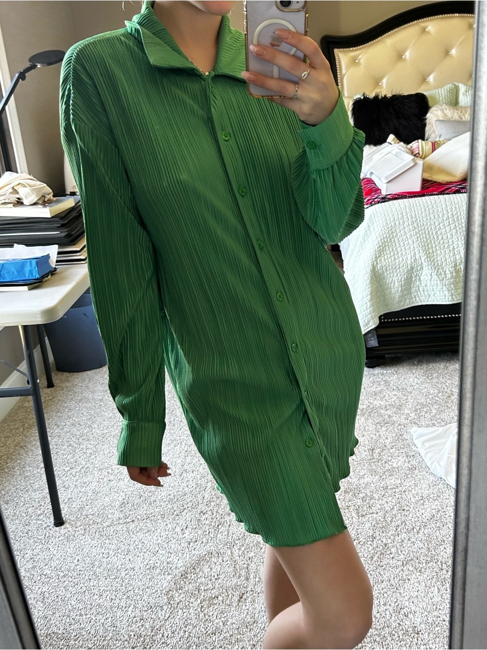 Stella Dallas Green Pleated Button-Front Shirt Dress
